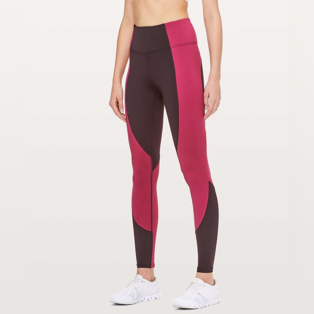 Lululemon Wake & Train Tight *28" Black Satin / Star Ruby Colorblock Leggings